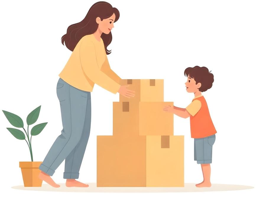 mom and child packing boxes